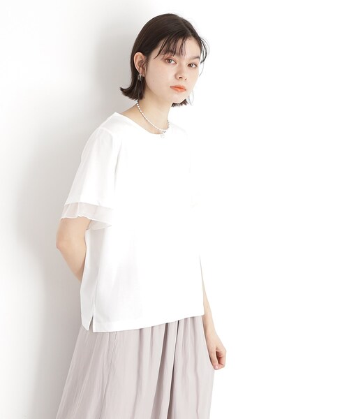 tシャツ 「洗える／日本製／素材組合せ」シアー袖デザイントップス レディース THE SHOP TK tシャツ 袖シアーTシャツ「接触冷感/洗濯機OK