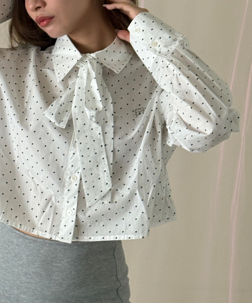 SunsetPark ブラウス シャツ リボンボウタイ ドット柄シャツ