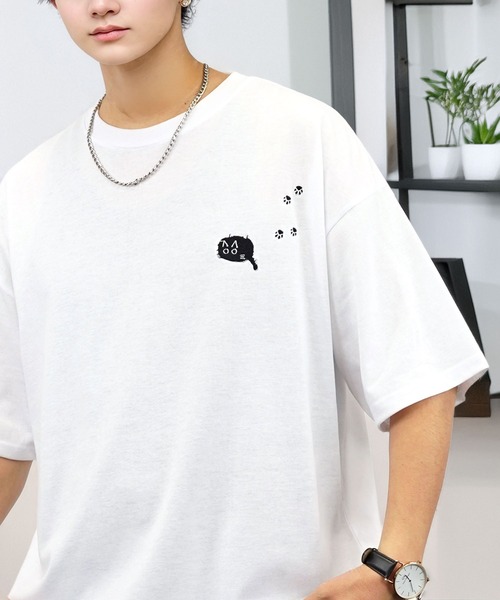 tシャツ ワイド 半袖 Tシャツ ロゴ ハート 黒猫 刺繍 メンズ