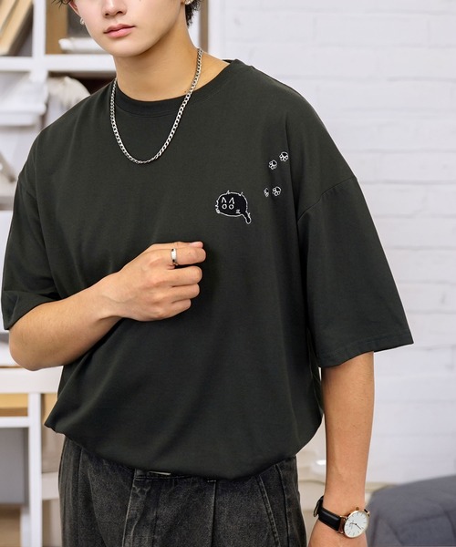 tシャツ ワイド 半袖 Tシャツ ロゴ ハート 黒猫 刺繍 メンズ