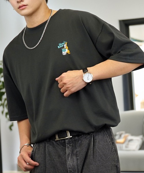 tシャツ ワイド 半袖 Tシャツ ロゴ ハート 黒猫 刺繍 メンズ