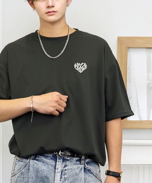 tシャツ ワイド 半袖 Tシャツ ロゴ ハート 黒猫 刺繍 メンズ