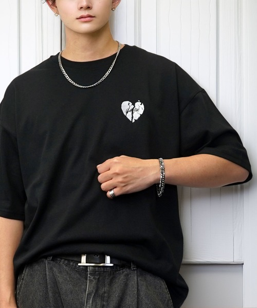 tシャツ ワイド 半袖 Tシャツ ロゴ ハート 黒猫 刺繍 メンズ