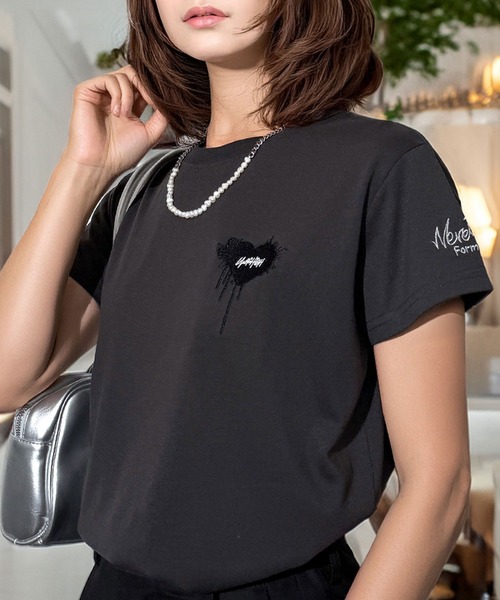 tシャツ ワイド 半袖 Tシャツ ロゴ ハート 黒猫 刺繍 メンズ