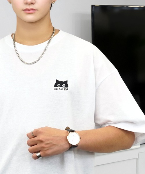 tシャツ ワイド 半袖 Tシャツ ロゴ ハート 黒猫 刺繍 メンズ