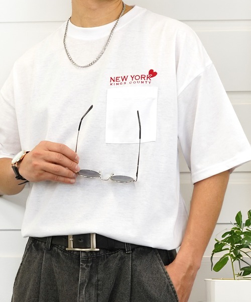 ホワイト 半袖Tシャツ ハート刺繍 tシャツ Tシャツ 半袖 ハート 刺繍 ポケット メンズ レディース