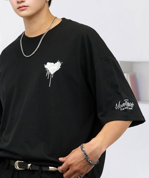 tシャツ ワイド 半袖 Tシャツ ロゴ ハート 黒猫 刺繍 メンズ