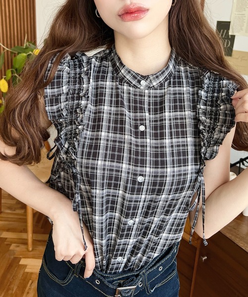 ブラウス シャツ ドロストチェックシャツ レディース DOUX ARCHIVES ブラウス シャツ ドロストチェックシャツ
