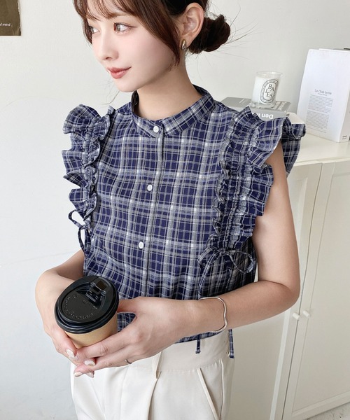 ❤️完売商品❤️epa チェックブラウス リボンフリルブラウス ブラウス moment+ ブラウス シャツ ドロストリボンフリルチェックブラウス
