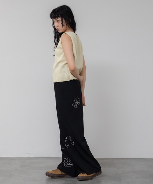 HEILIS hideka original 刺繍 ワイドパンツ ブラック HEILIS（ヘイリス） ワイドパンツ パンツ 「新色追加」「Hideka