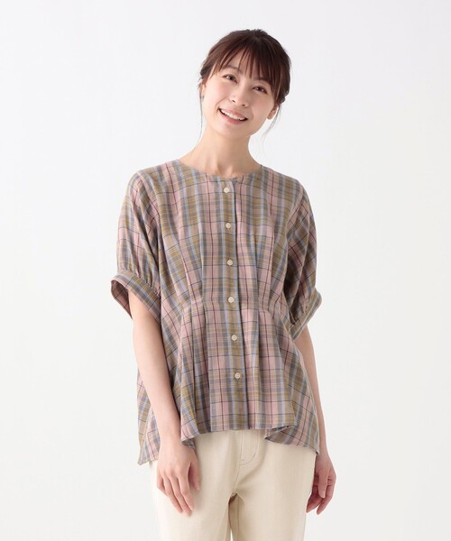 ブラウス シャツ チェックコットンガーゼウエストタックブラウス レディース