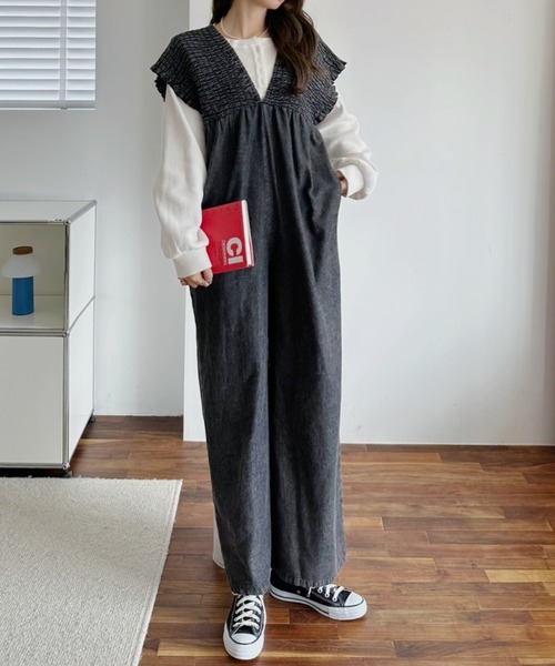 A.D.C.L. サロペット オーバーオール シャーリング切替 デニム