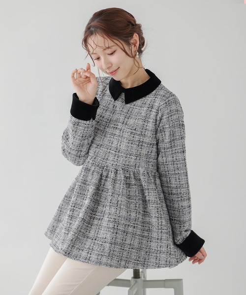 【完売品】ツイードベロアカラーペプラムトップス　グレー Fit more（フィットモア） ツイードベロアカラーペプラムトップス