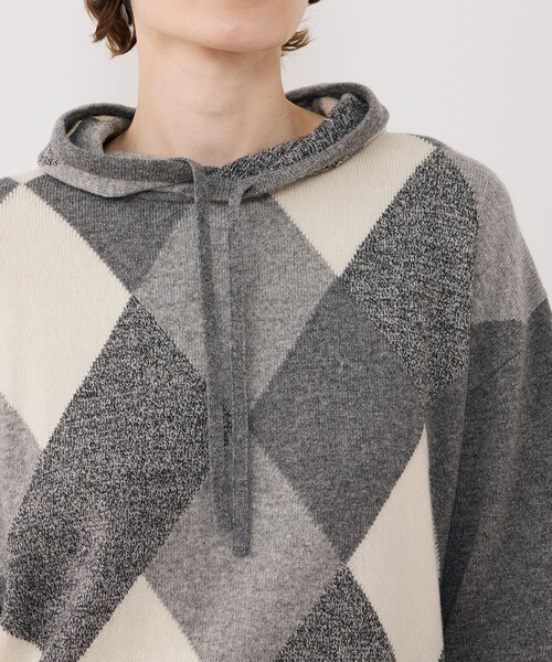 GALERIE VIE フード　ニット　フーデッドプルオーバー グレージュ GALERIE VIE（ギャルリー ヴィー） ニット セーター ウールアーガイル