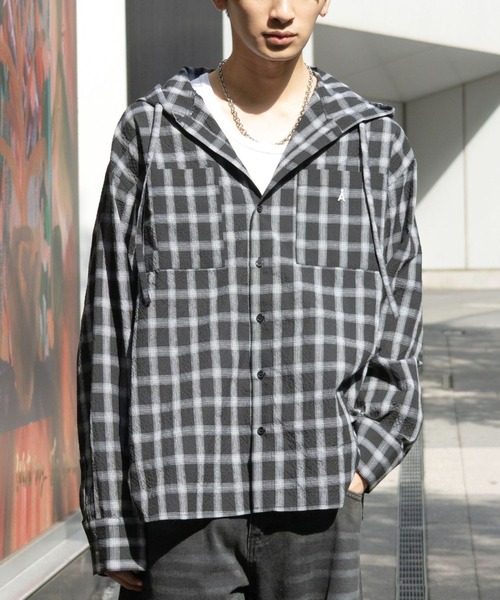 ALAND ブラウス シャツ 「UNISEX」ALAND／チェックフードシャツロング