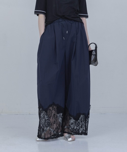 ワイドパンツ パンツ ウェーブレース タックワイドパンツ レディースの画像