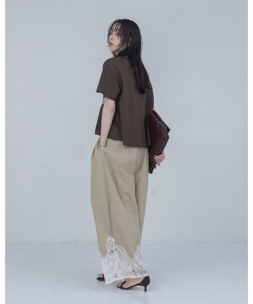 ワイドパンツ パンツ ウェーブレース タックワイドパンツ レディースの画像