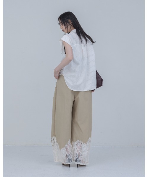 ワイドパンツ パンツ ウェーブレース タックワイドパンツ レディースの画像
