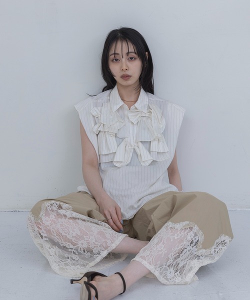 ワイドパンツ パンツ ウェーブレース タックワイドパンツ レディースの画像