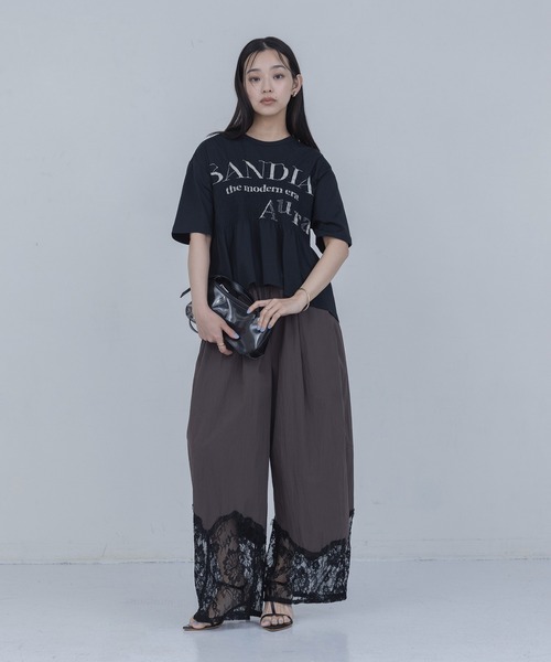 ワイドパンツ パンツ ウェーブレース タックワイドパンツ レディースの画像