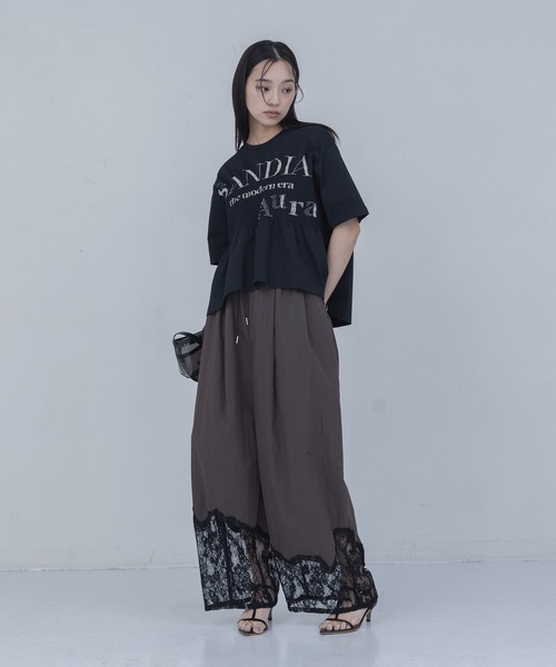 ワイドパンツ パンツ ウェーブレース タックワイドパンツ レディースの画像