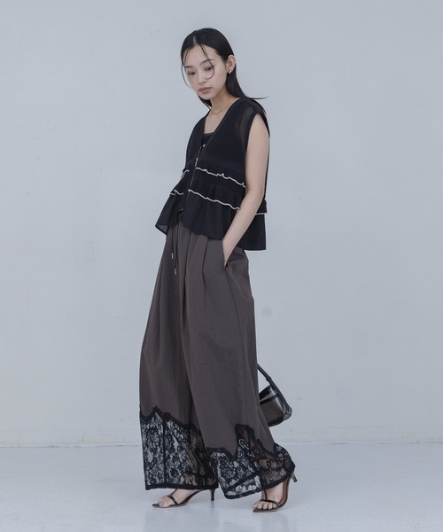 ワイドパンツ パンツ ウェーブレース タックワイドパンツ レディースの画像