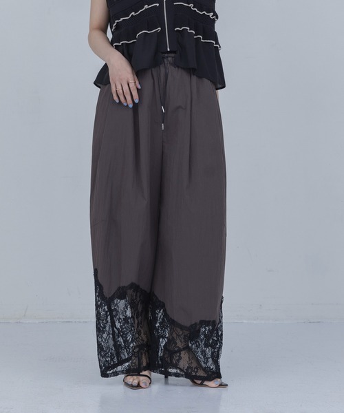 ワイドパンツ パンツ ウェーブレース タックワイドパンツ レディースの画像