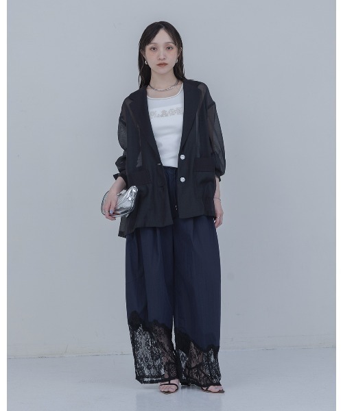 ワイドパンツ パンツ ウェーブレース タックワイドパンツ レディースの画像