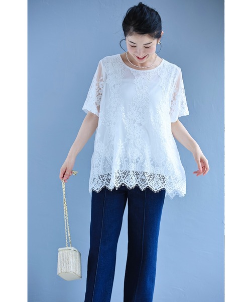 cawaii tシャツ 半袖 ゆったりゆるやか総レースカットソートップス