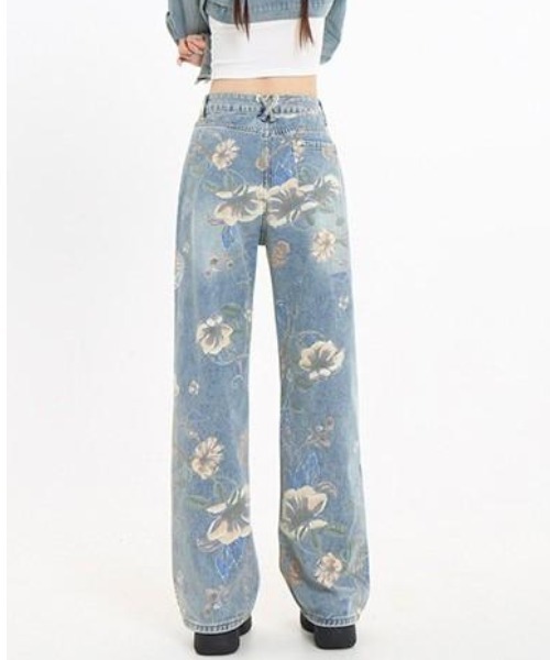 VALENTINO ブルーデニムフローラルプリントファブリックパンツ Denim Pants for Woman in Denim | Valentino US