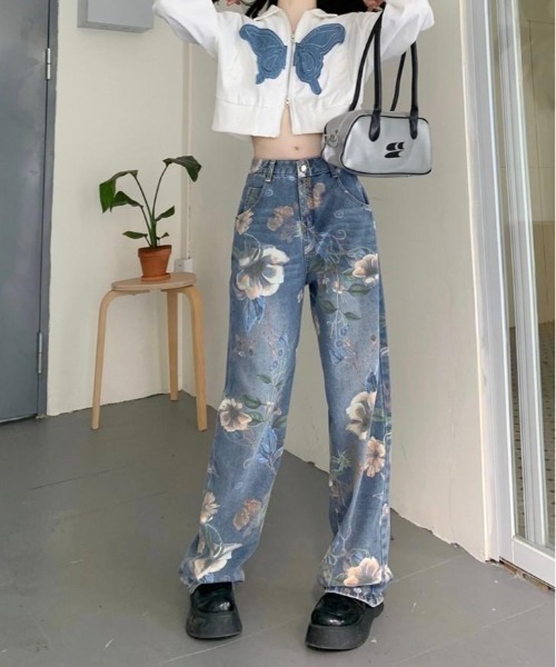 ヴァレンティノガラヴァーニフラワープリントデニムパンツブルー セール】【FVLMEN】vintage flower print wide denim/ビンテージ