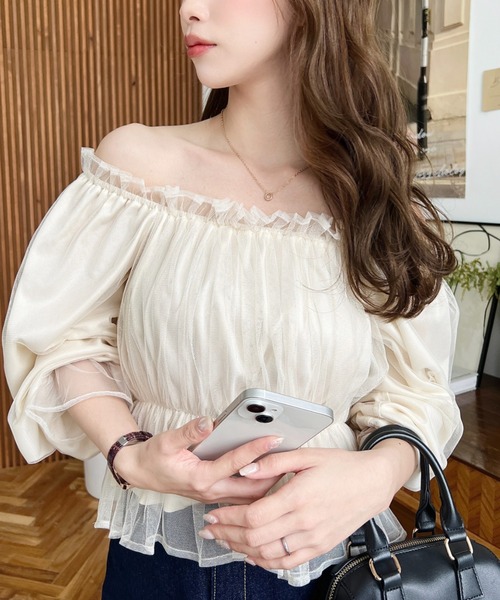ブラウス シャツ チュールレイヤードブラウス レディース BAB ブラウス シャツ チュールレイヤード シアーシャツ