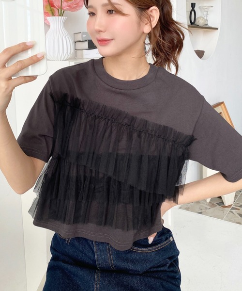 moment+ tシャツ フリルチュールドッキング半袖Tシャツ