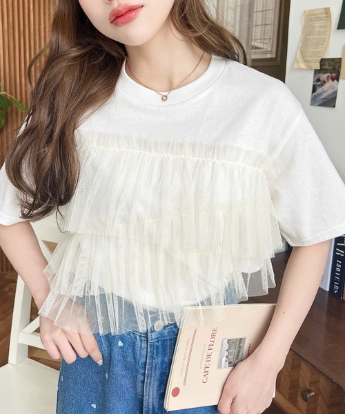 tシャツ フリルドッキング半袖Ｔシャツ レディース moment+ tシャツ フリルチュールドッキング半袖Tシャツ