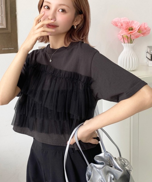 moment+ tシャツ フリルチュールドッキング半袖Tシャツ レディース