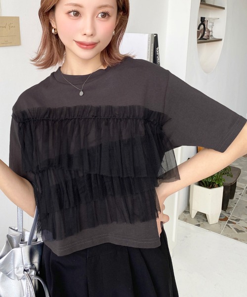 moment+ tシャツ フリルチュールドッキング半袖Tシャツ レディース