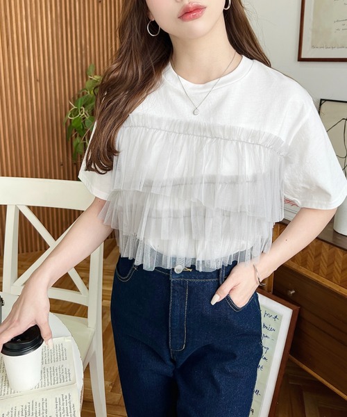 moment+ tシャツ フリルチュールドッキング半袖Tシャツ レディース