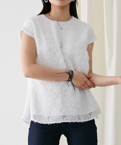 ブラウス シャツ 高身長　カットジャガードフレンチスリーブブラウス（トールサイズ）muguet blanc レディース