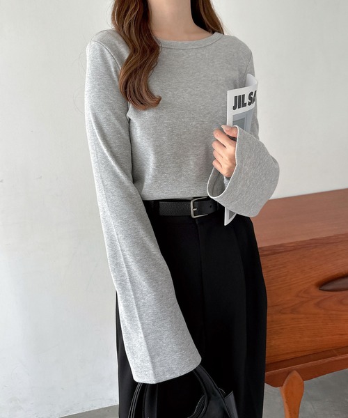 美品✨UN3D.　アンスリード　ポイントボーダーフレアスリーブトップ　グレー　M UN3D.（アンスリード）の「POINT BORDER FLARE SLEEVE TOP / ポイント