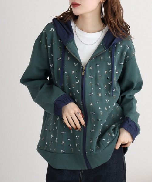 パーカー EMAGO ザクロ刺繍ジップパーカー レディース Emago パーカー EMAGO ザクロ刺繍ジップパーカー レディース