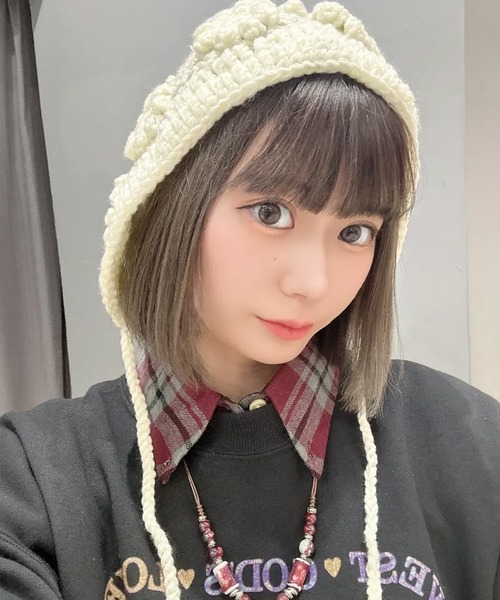 SPINNS ニット帽 ニットキャップ 紐付きフラワーニット帽