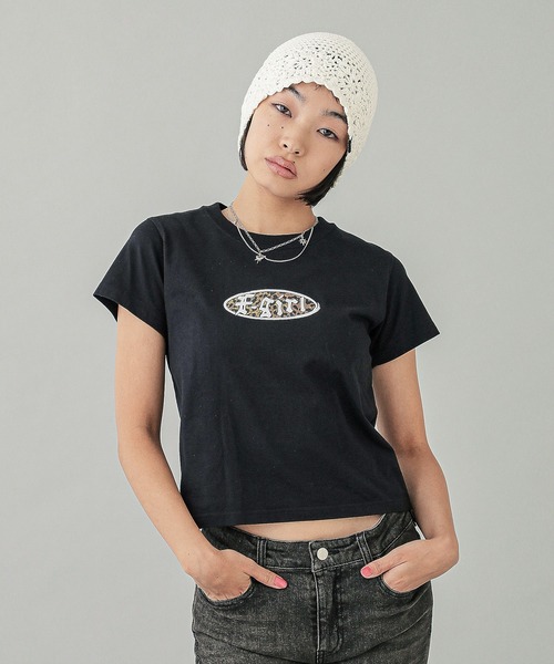 国内配送★X-girl★LEOPARD OVAL LOGO S/S BABY TEE X-girl tシャツ LEOPARD OVAL LOGO S/S BABY TEE レディース