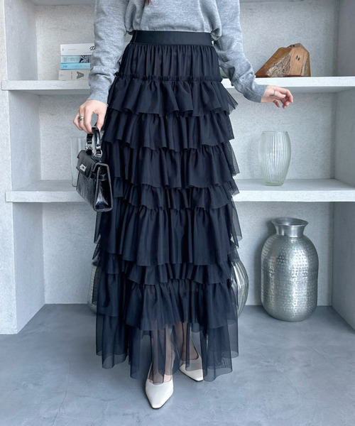 CADUNE ティアードスカート　黒　切替スカート　フレア　フリル ティアードスカート（スカート）｜CADUNE（カデュネ）のファッション