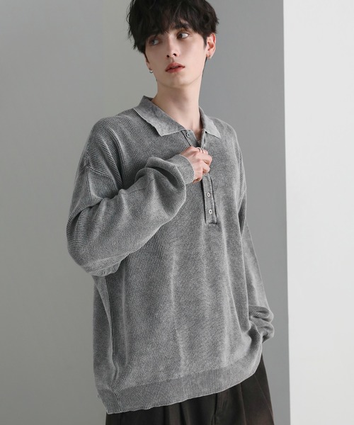 セーター ニット ピグメント加工片畦ヘンリーネックニット メンズ