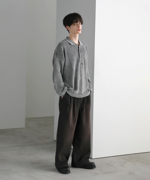 セーター ニット ピグメント加工片畦ヘンリーネックニット