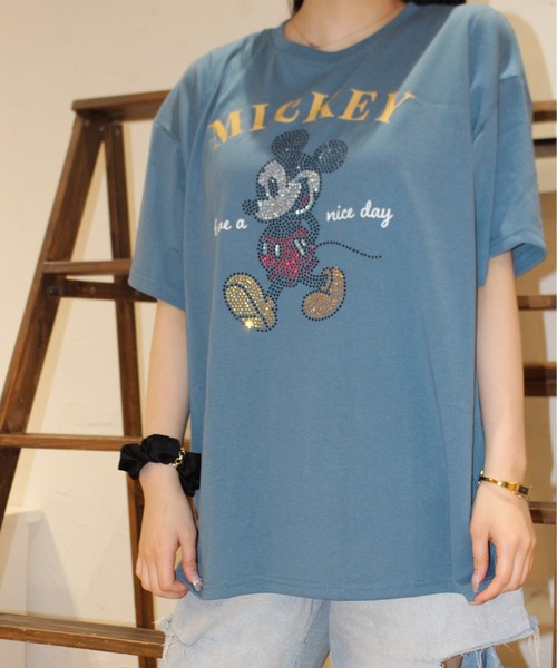ミッキーマウス ストーン付きTシャツ Disney tシャツ 「DISNEY/ディズニー」ラインストーン半袖T