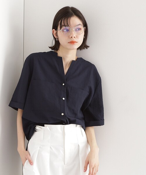 THE SHOP TK ブラウス シャツ ダブルポケット5分袖シャツ「体型カバー