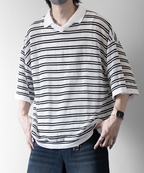 RUUBON ポロシャツ 「RUUBON」border mesh knit game shirt / ボーダー