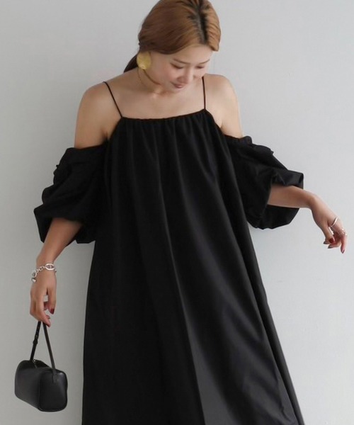 【NAVE】MIZUKI HANAYAMA  ワンピース　Black スーピマスムース×キュプラストライプワンピース（カット
