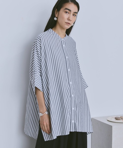 【WEB限定】キュプラストライプバンドカラーブラウス ≪手洗いOK≫ Libra Cue ブラウス シャツ バンドカラーストライプブラウス